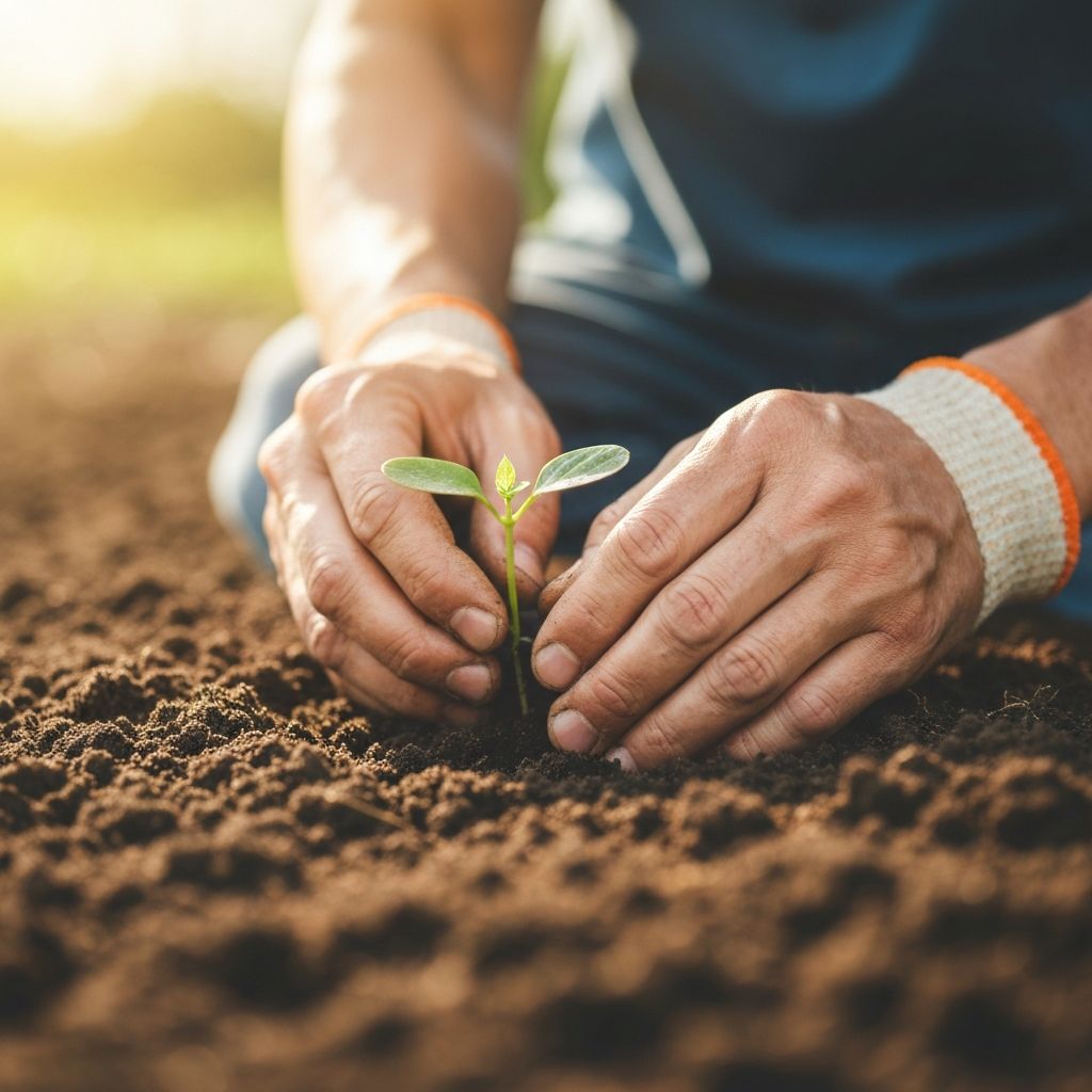 Hands planting a seedling in soil